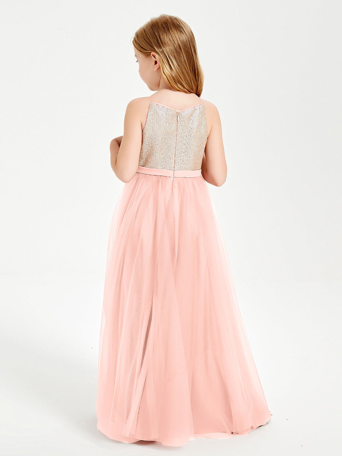 Sequined Top Long Tulle Junior Bridesmaid Gown Coral